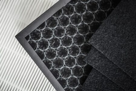 Residential High Efficiency Particulate Air Filters. Carbon Activated Base and HEPA. Fighting Air Pollution Inside Home.